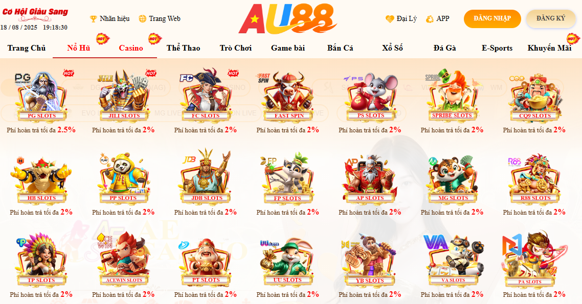 Sảnh nổ hũ Au88 với phí hoàn trả cực cao và khả năng trúng Jackpot X100 tài khoản